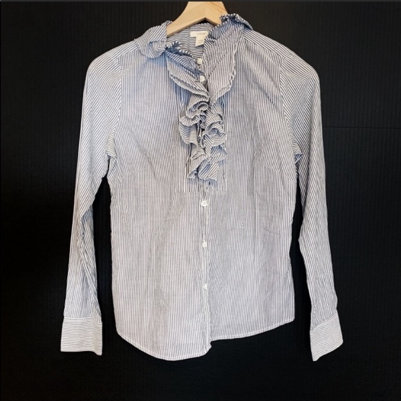 J.CREW Striped Frances Tuxedo Ruffle Button Up Top - Picture 3 of 6